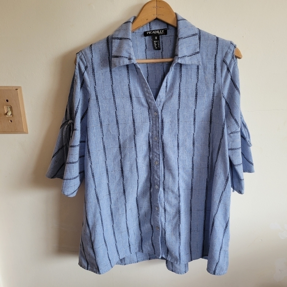 Piccadilly Button Down 1/2 Sleeve Cold Shoulder Blue Stripe 8 Medium